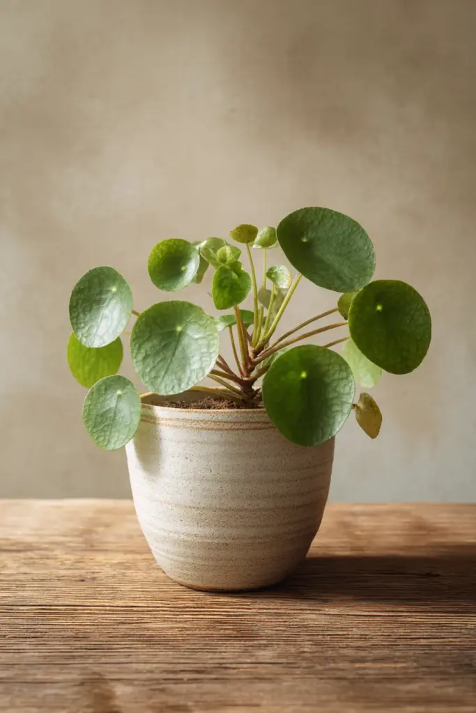 Yellowing Pilea on Wooden Surface