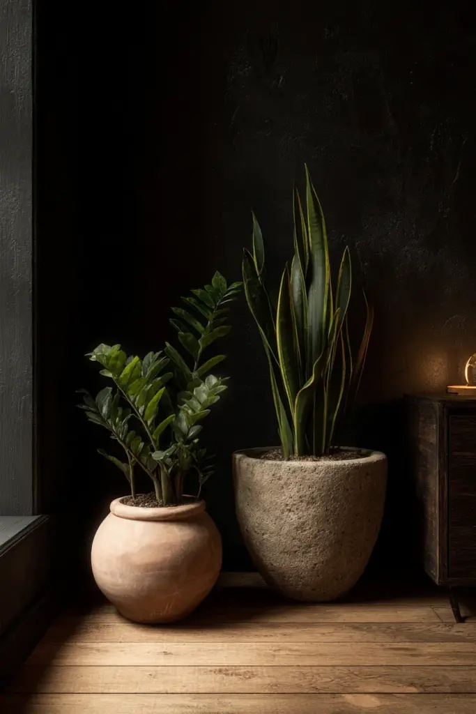 ZZ Plant and Snake Plant in Dark Japandi Corner