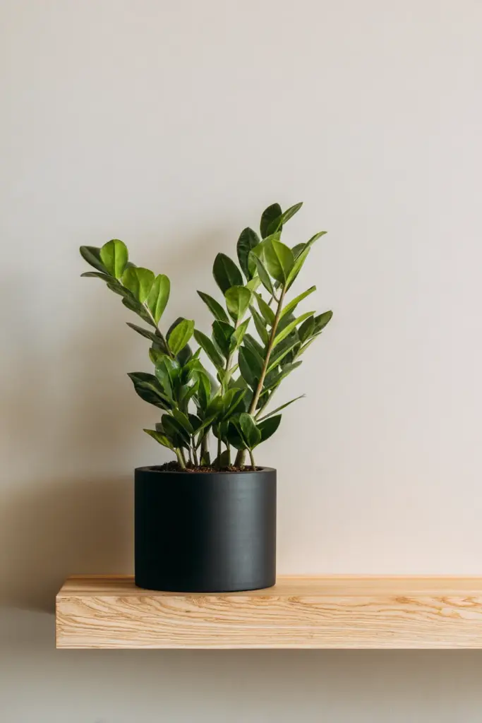 ZZ Plant on Minimalist Shelf in Soft Light