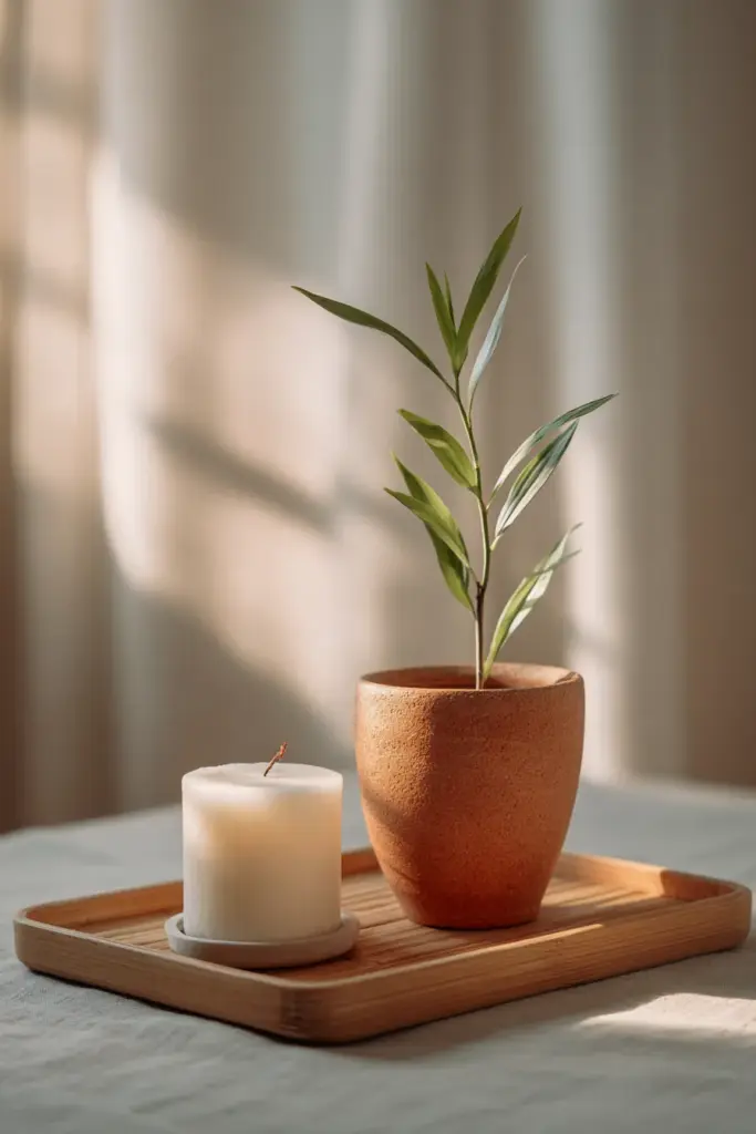 Bamboo Tray Vignette with Candle and Plant