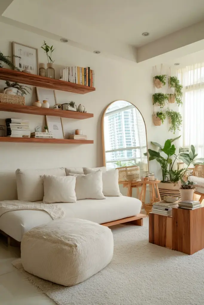 Biophilic Japandi Shelf with Plants and Hidden Storage