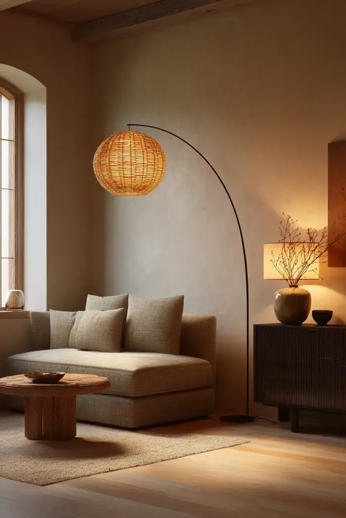 Japandi Layered Lighting with Rattan Pendant