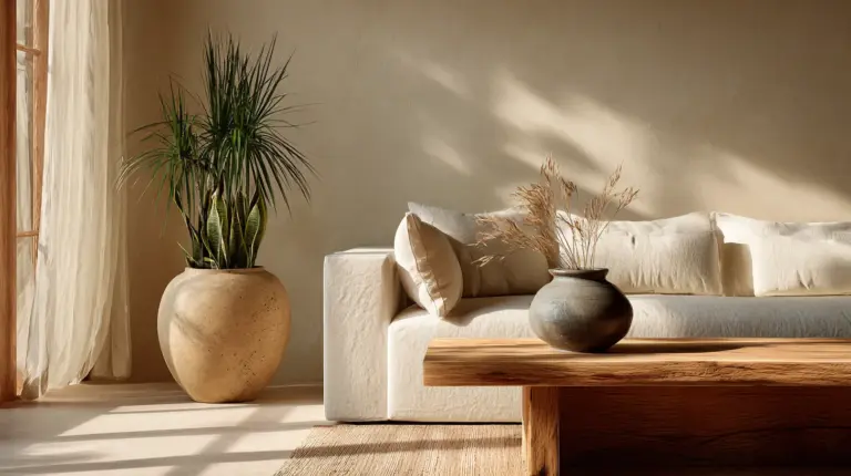 Japandi Living Room with Plants — Serene Morning Light