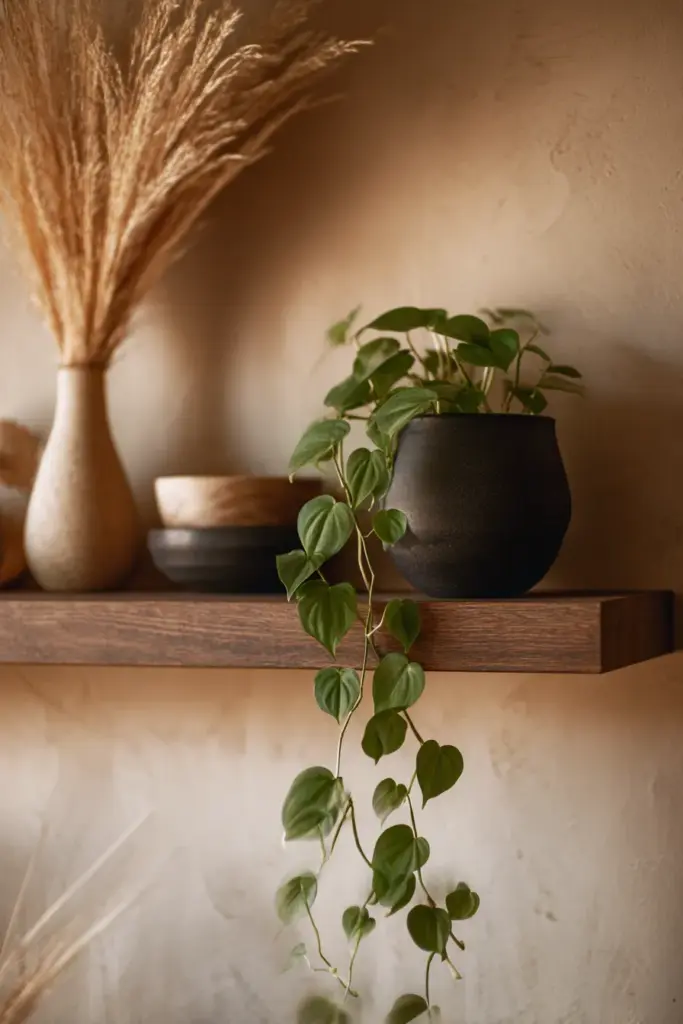 Japandi Plant Shelf Styling with Trailing Greenery