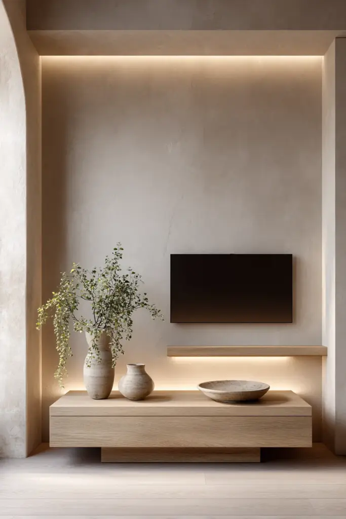 Japandi TV Wall with Credenza and Vertical Shelves