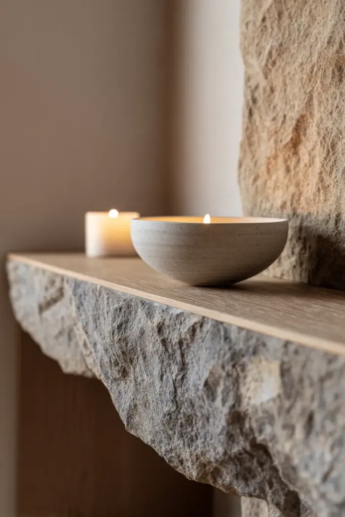 Natural Stone and Wood Fireplace Surround