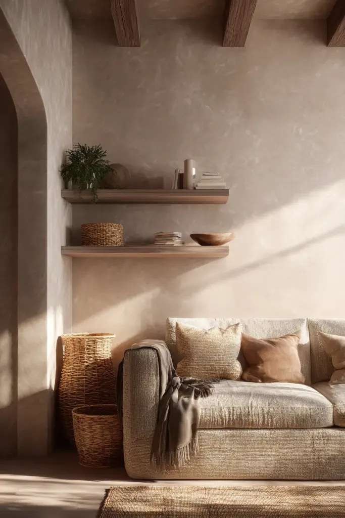 Rattan Baskets and Natural Storage on Sofa Wall