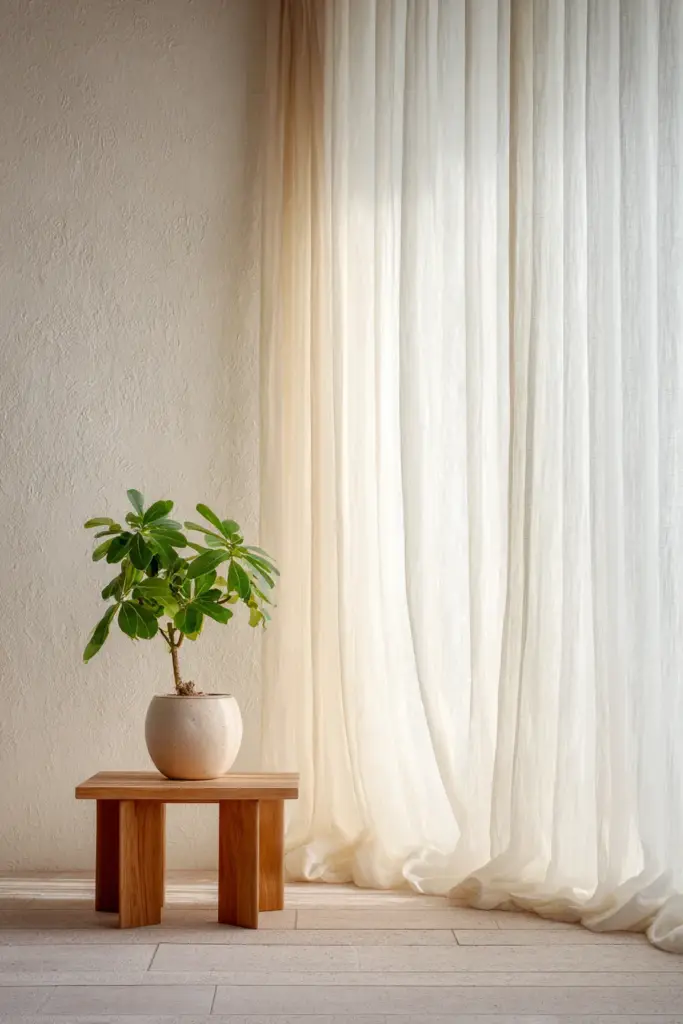Sheer Linen Curtains in Japandi Room