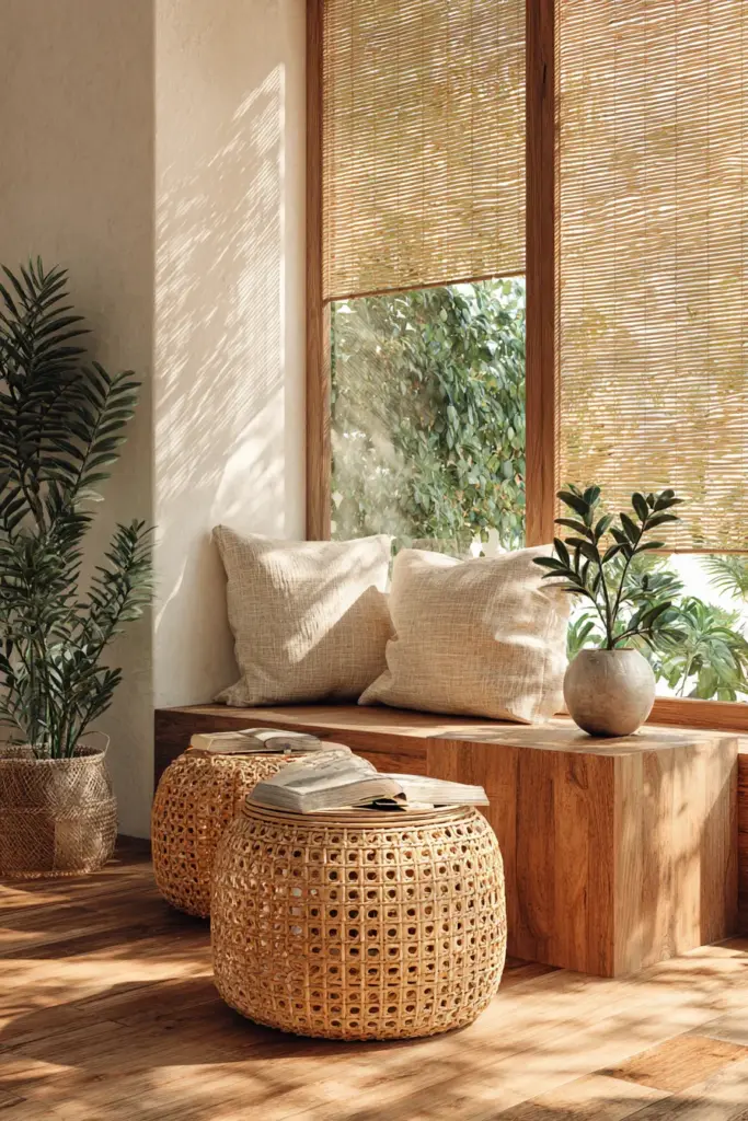 Tropical Japandi Living Room with Bamboo Blinds