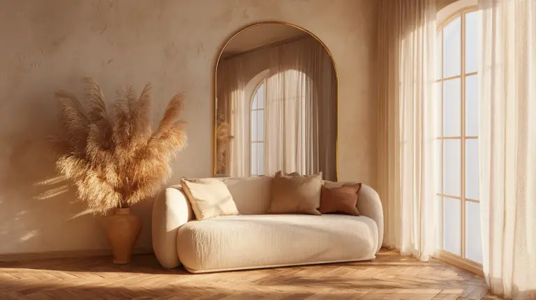 Arched Mirror Above Sofa — Golden Hour Glow