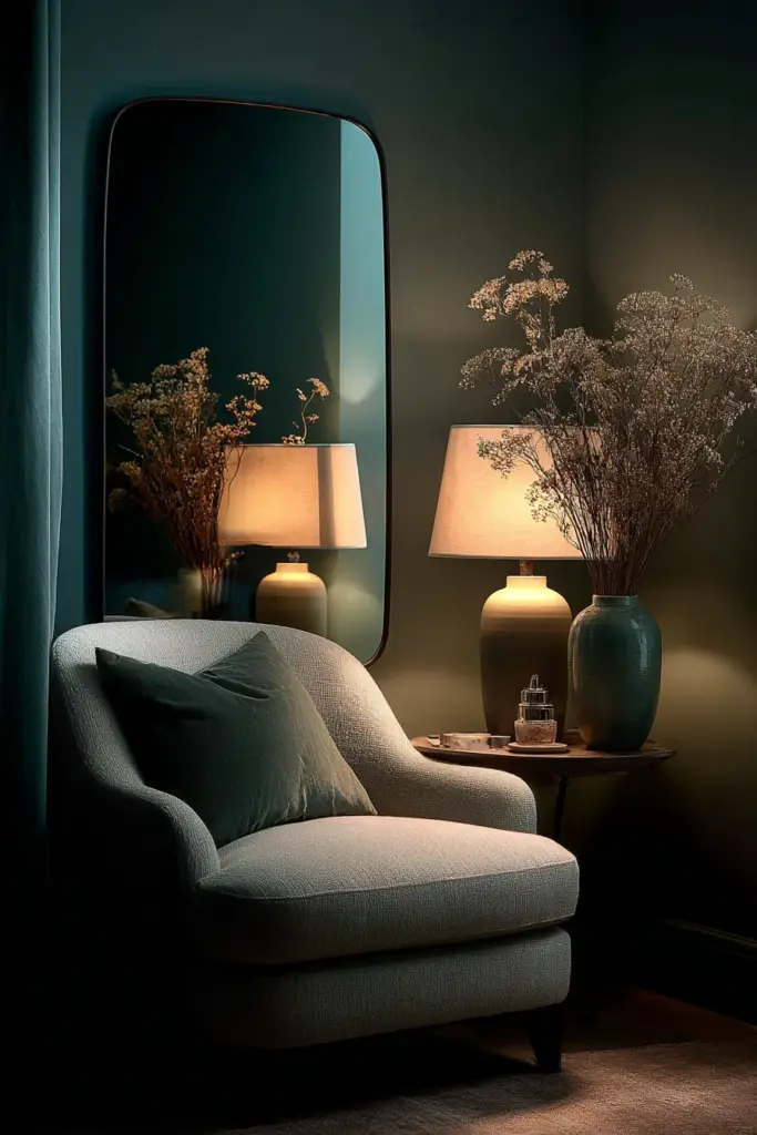 Dark Moody Corner Brightened by a Statement Mirror