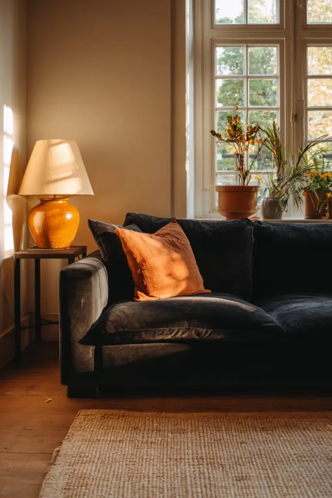Dark Sofa with Light Neutral Walls