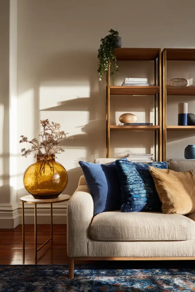 Dusty Blue and Amber Living Room Styling