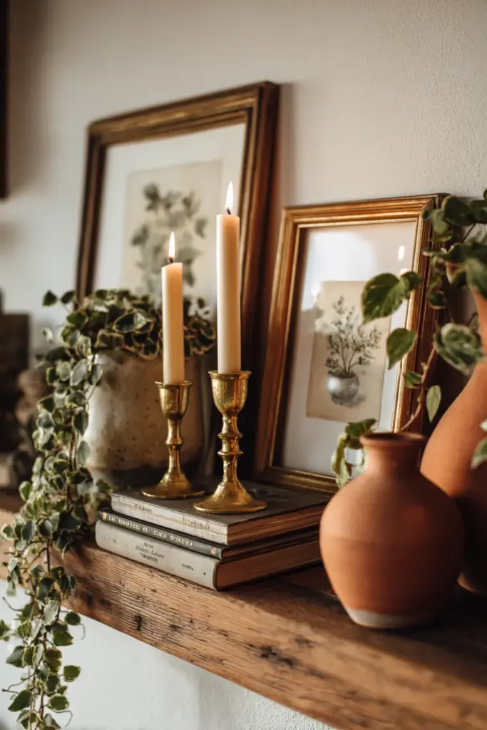 Eclectic Mantel Styling with Brass and Greenery