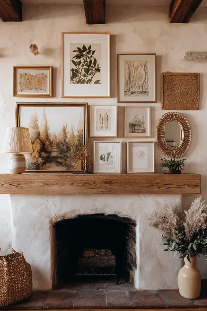 Gallery Wall Above Eclectic Fireplace Mantel