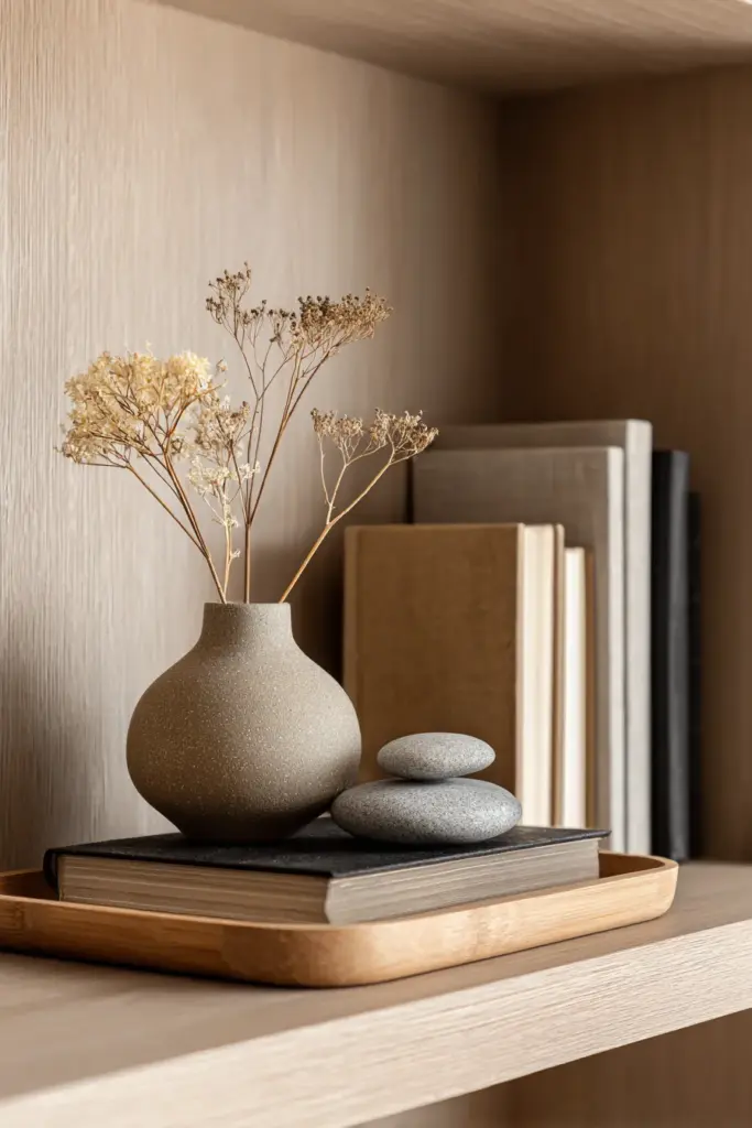 Japandi Bookshelf Styling Close-Up