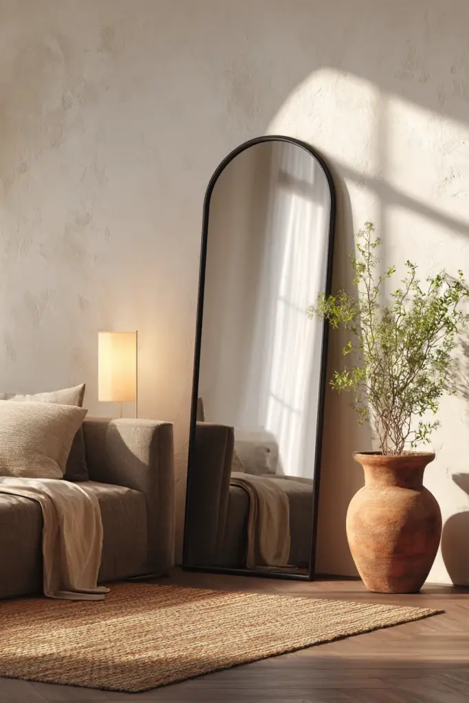 Leaning Floor Mirror in a Narrow Living Room Corner