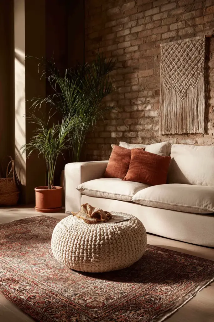 Round Pouf in Bohemian Small Living Room