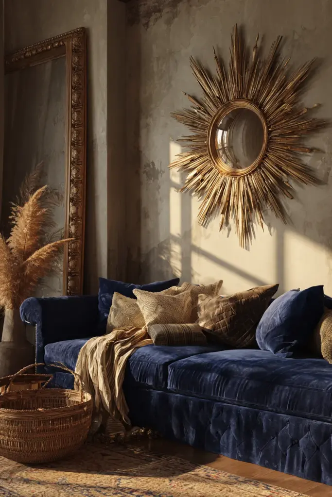 Statement Mirror and Velvet Sofa