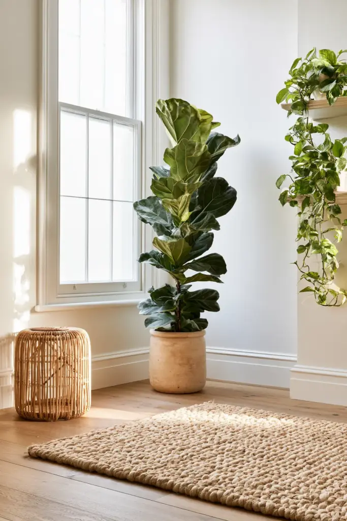 Biophilic living room — natural materials and plants
