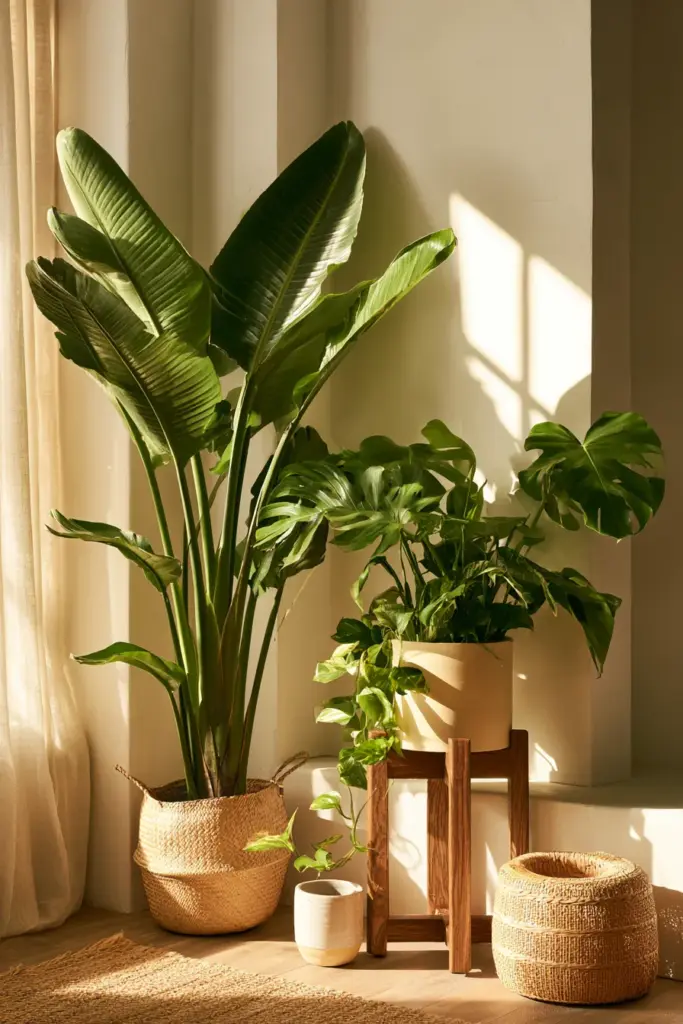 Corner plant layering — tall, medium, low