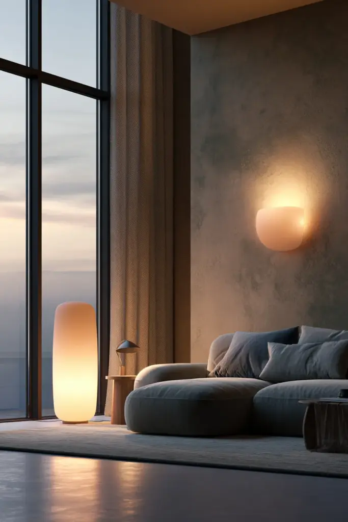 Layered lighting atmosphere — warm evening room