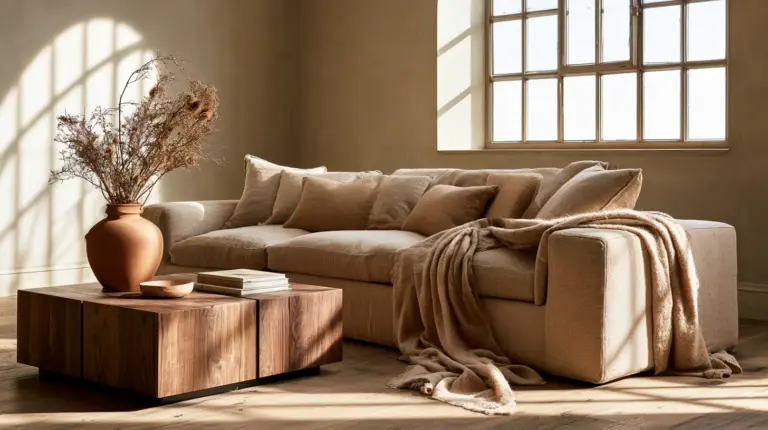 Modern living room psychology — golden hour calm