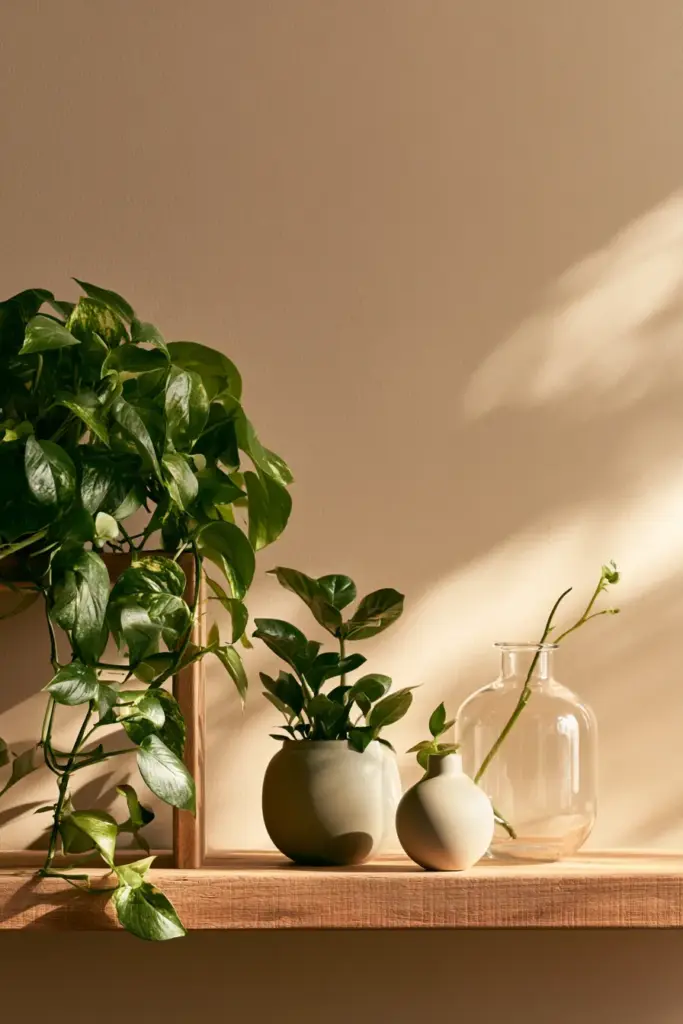 Shelf plant grouping in odd numbers