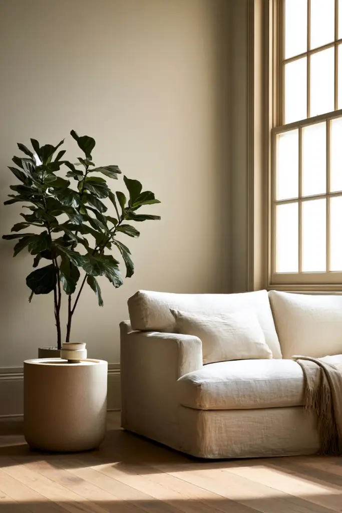 Sofa with floor plant — scale and balance