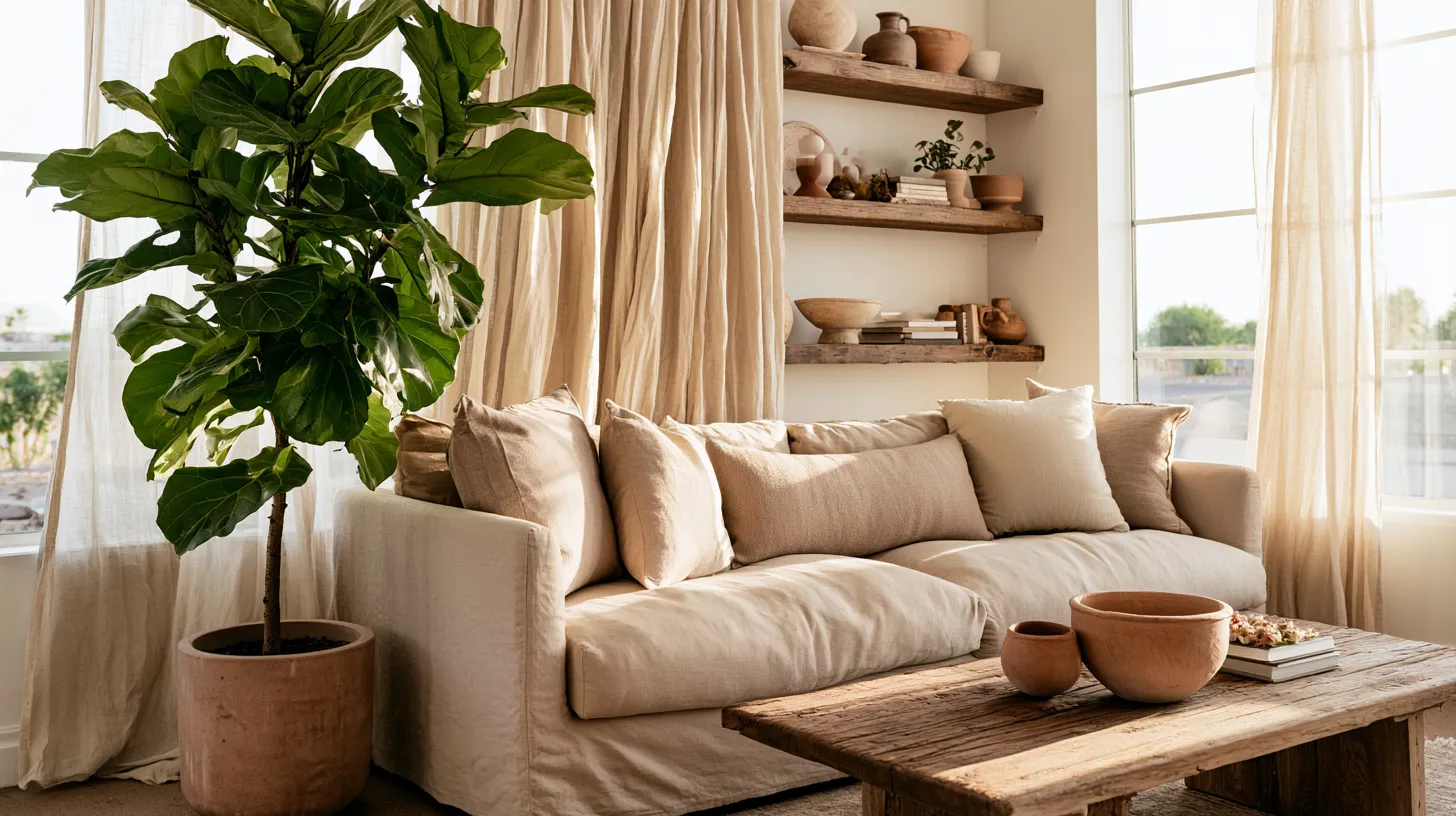 Warm living room with tall plant and sofa