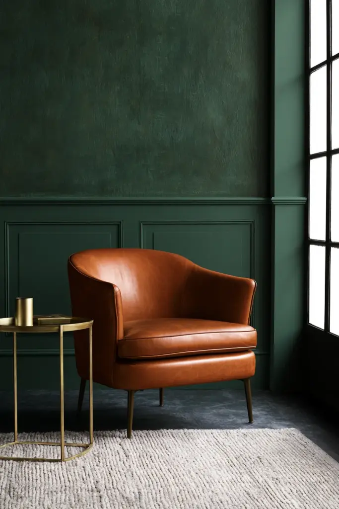 Cognac Leather and Forest Green Wall