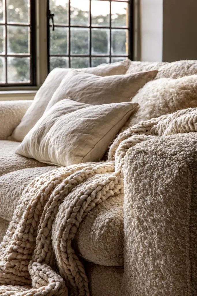 Seating Layer – Bouclé Sofa Close-Up